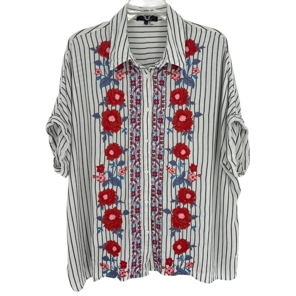 Andree by Unit Striped Floral Embroidered Button Down Top Womens 2X